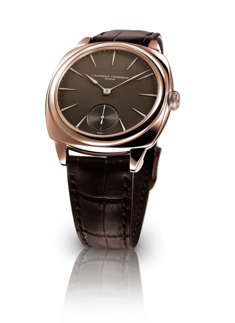 The Laurent Ferrier Galet Square Chocolate 41mm rose gold watch features a satin-brushed, chocolate-coloured dial with hours, minutes and small seconds functions. Inside the case is one of Ferrier's distinctive movements with an off-centred micro-rotor pr