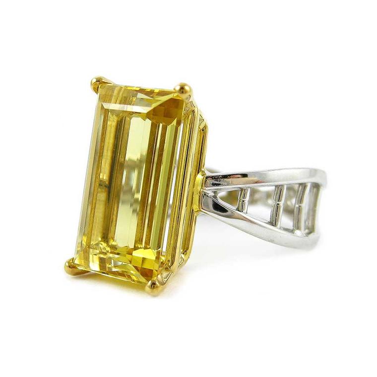 K. Brunini engagement ring set with a 6.18ct yellow beryl from the Californian jewelry designer’s DNA collection, available in white, rose or yellow gold.