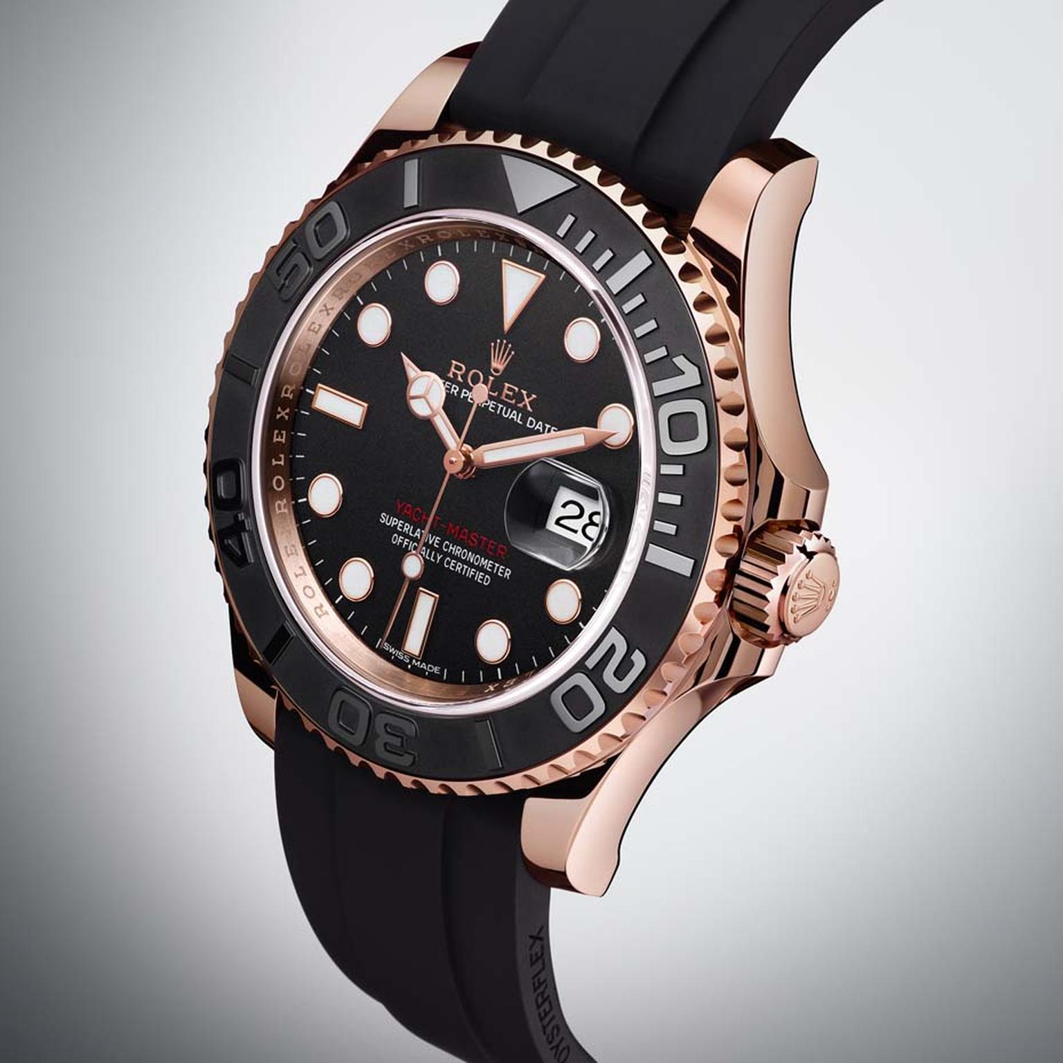 Rolex's new Yacht-Master in a 40mm Everose gold case boasts a new Cerachrom insert in black ceramic fitted in the rotating bezel on the dial. The raised and polished numerals stand out clearly against the matte black ceramic and are designed to measure el