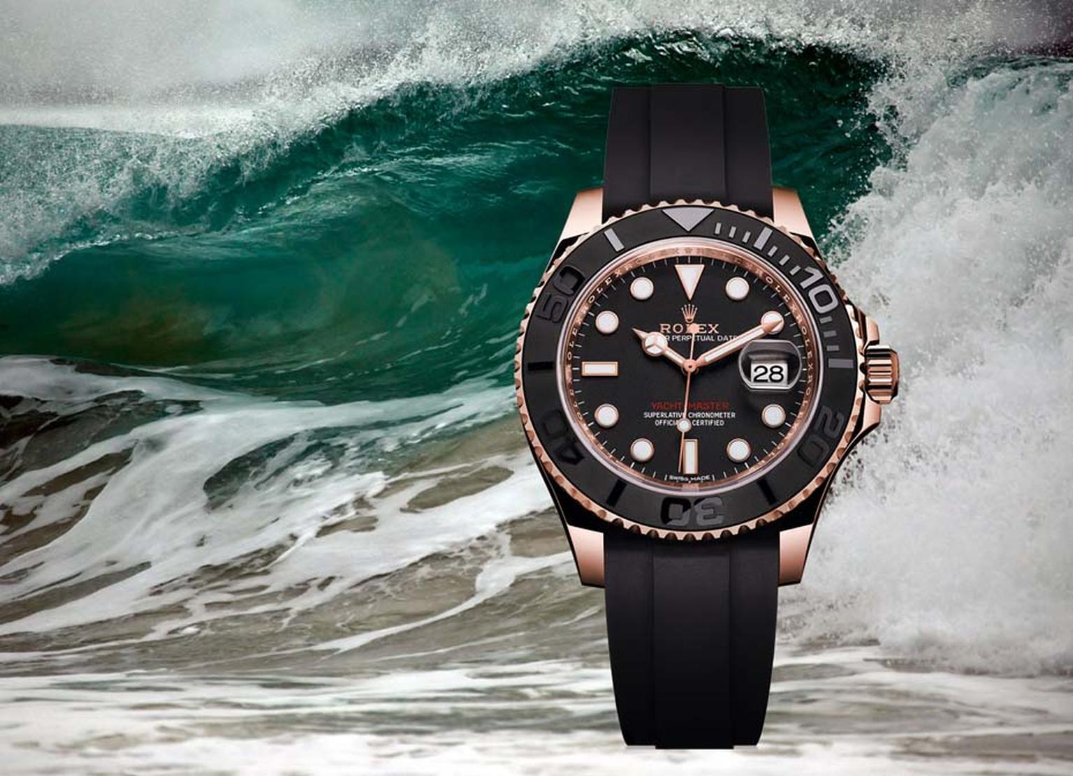 Rolex watches' new Yacht-Master, presented at Baselworld 2015 in an Everose gold case. This is the first time the Yacht-Master has been dressed in black, with the black matte dial, black ceramic bezel and new black Oysterflex bracelet giving this 40mm wat