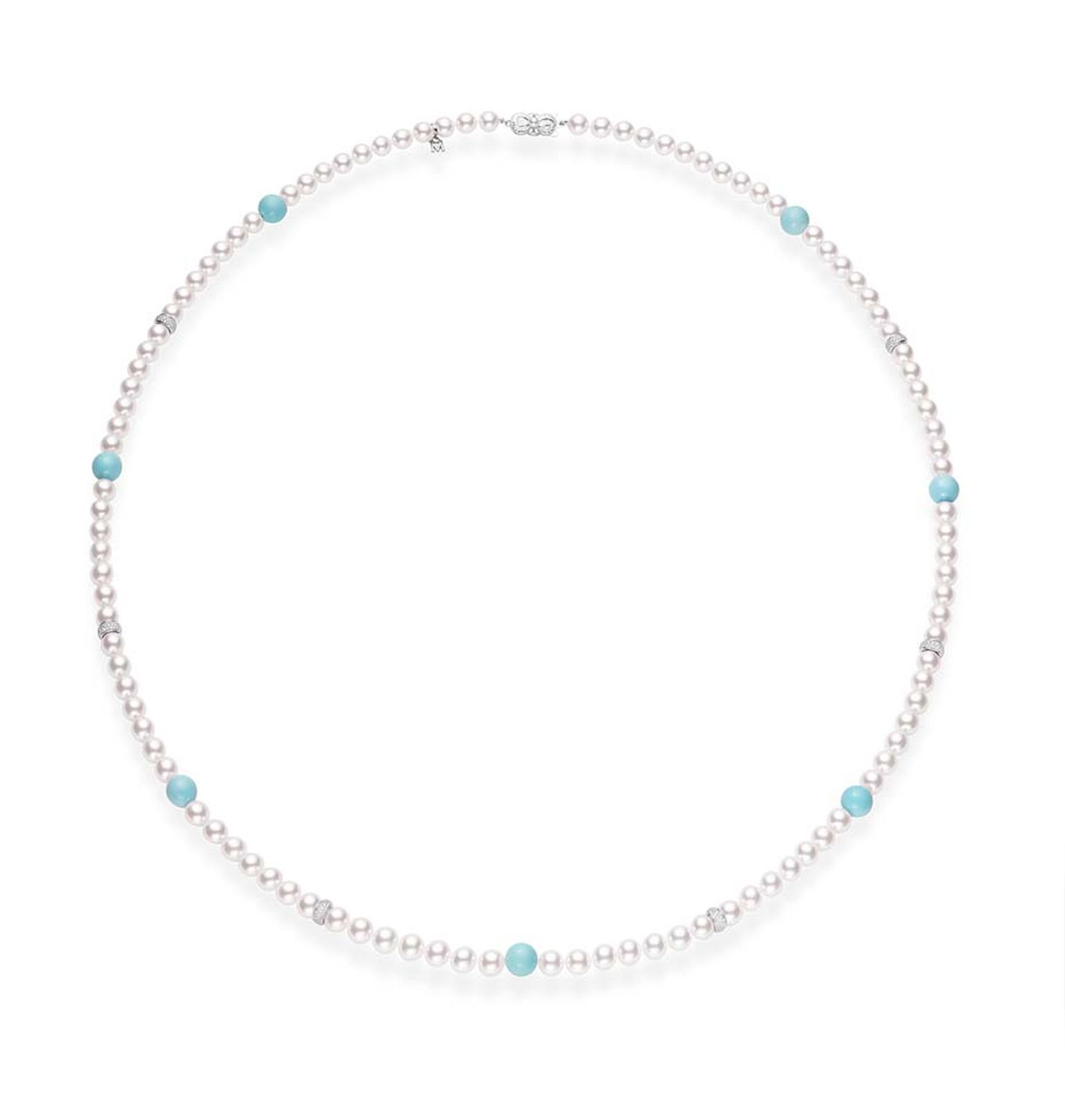 Mikimoto single strand Ayoya cultured pearl necklace with turquoise beads.