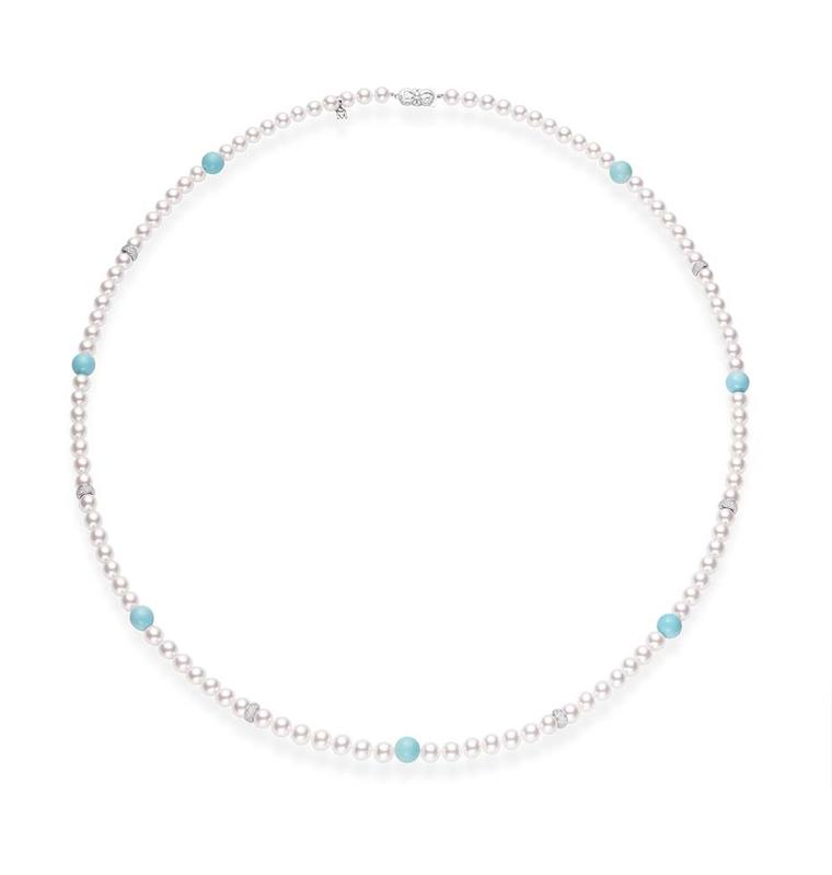 Mikimoto single strand Ayoya cultured pearl necklace with turquoise beads.