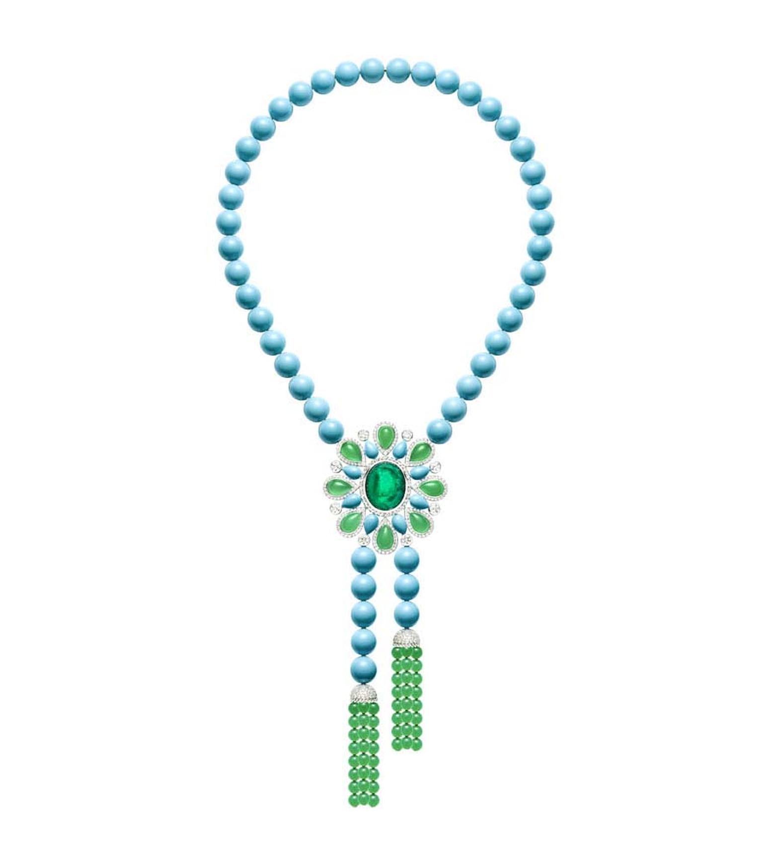 18ct white gold necklace by Piaget, set with turquoise and chrysophase surrounding an emerald cut cabochon, and brilliant-cut diamonds.