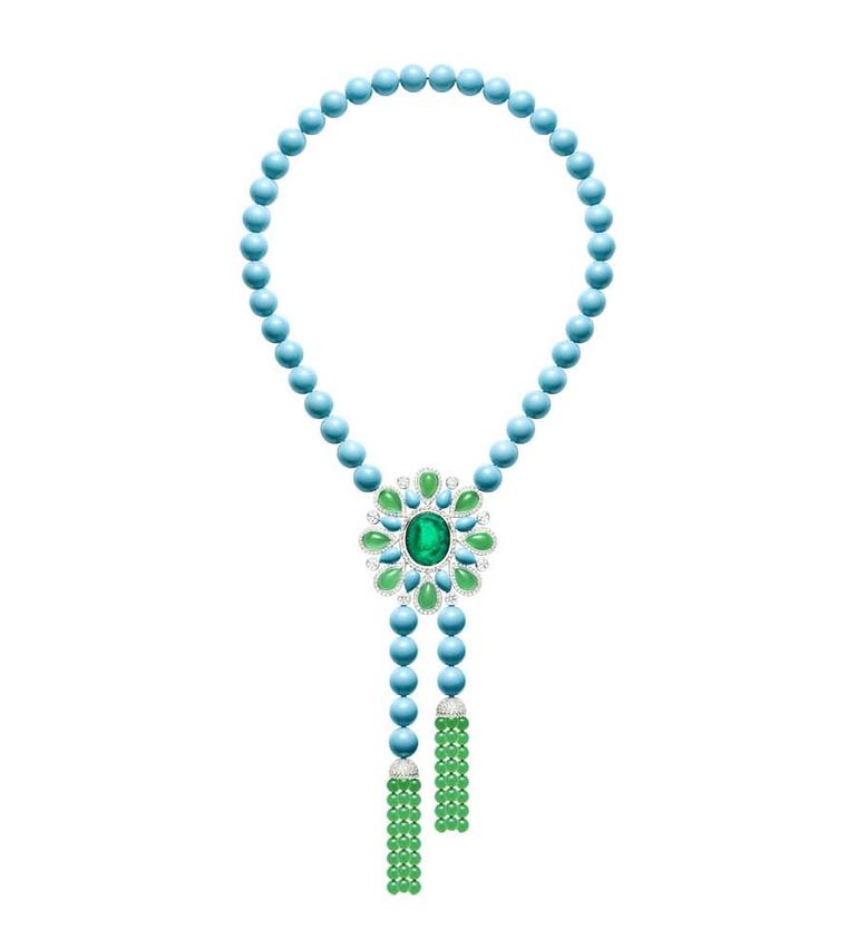 18ct white gold necklace by Piaget, set with turquoise and chrysophase surrounding an emerald cut cabochon, and brilliant-cut diamonds.