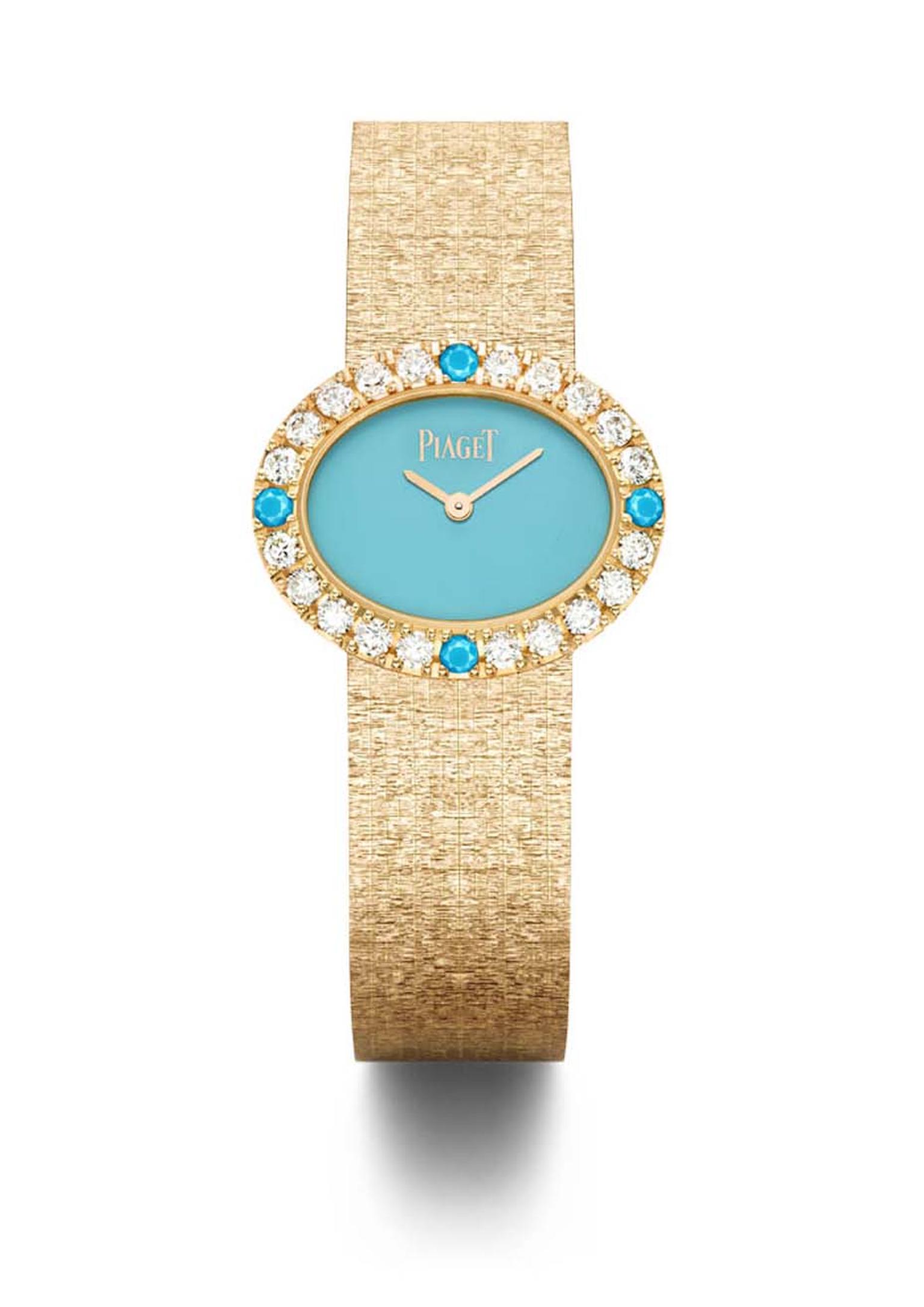 Piaget traditional 18ct pink gold oval watch, featuring a turquoise dial, set with 20 brilliant-cut diamonds and 4 turquoise cabochons.