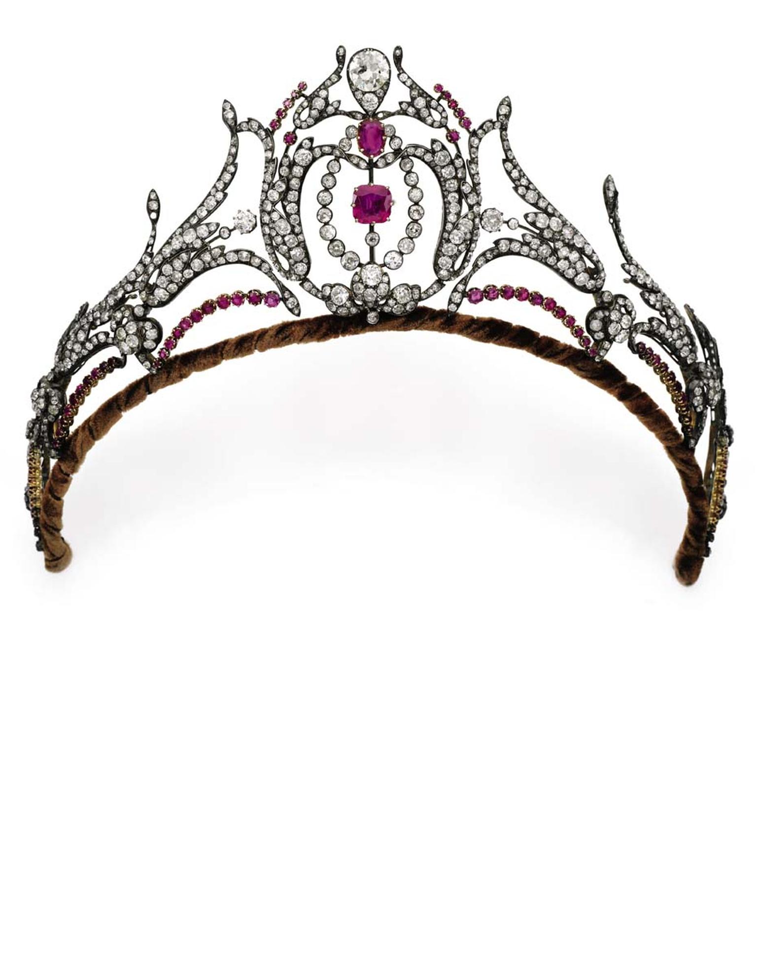 Dating from the second half of the 19th century, this diamond and ruby tiara, which belonged to the late Duchess of Roxburghe, is one of five antique tiaras that will be auctioned by Sotheby’s Geneva in May (estimate: $81-102,000).