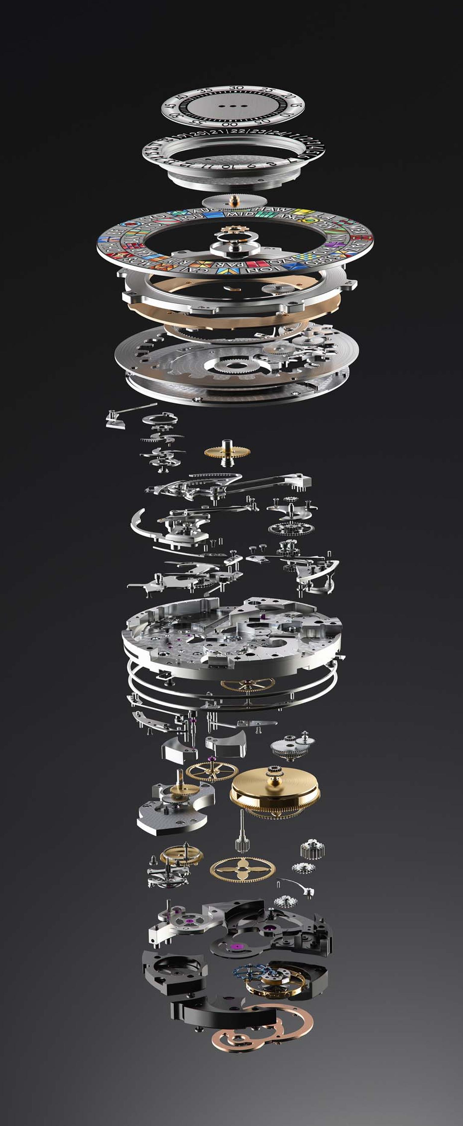 The highly complex movement of the watch, which incorporates a minute repeater and rotating discs for the hours and minutes, was created by La Fabrique du Temps for Louis Vuitton in Geneva. A mechanical hand-wound calibre with 447 components, the watch ha