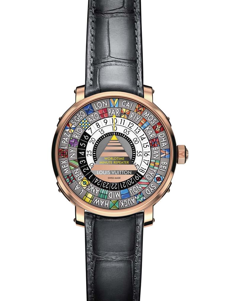 The colourful dial of the Louis Vuitton Worldtime Minute Repeater features miniature, geometric oil paintings to highlight the different cities chosen to represent world time. The only static element on the dial is the central triangle, whose yellow hand 