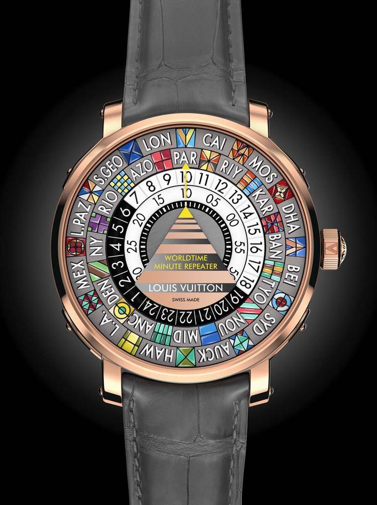The new Louis Vuitton Worldtime Minute Repeater comes in a 44mm rose gold case with a colourful dial representing 24 world time zones and an original way to read the time via rotating discs in the centre. The black and white disc corresponds to the hours 