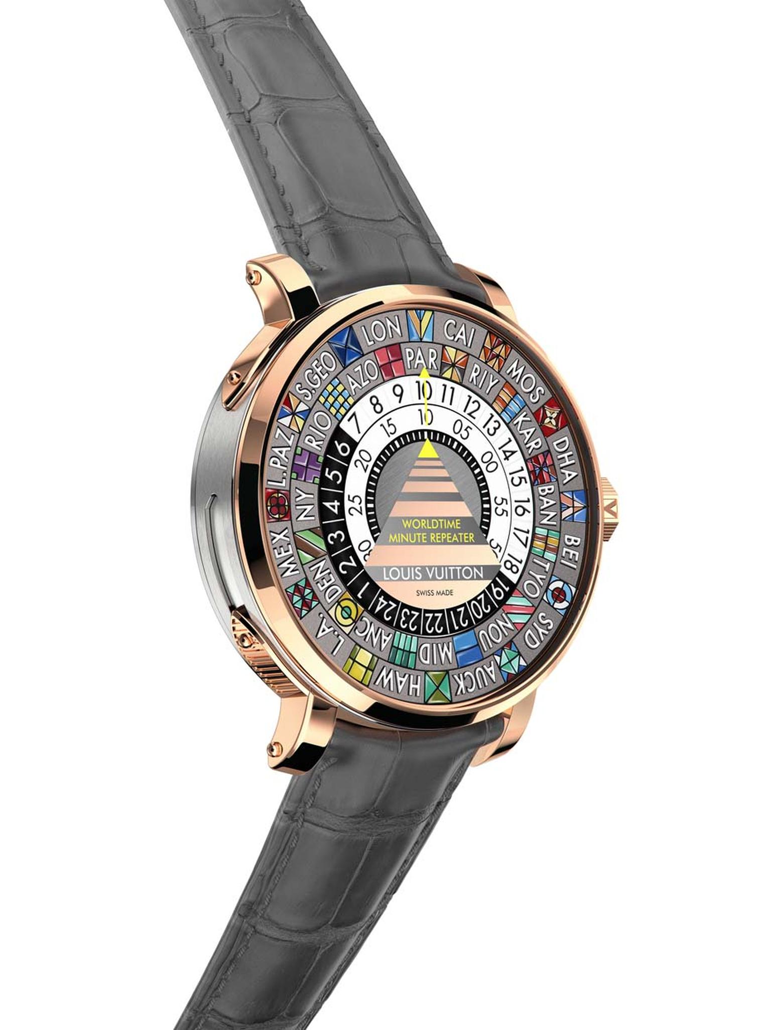 The Louis Vuitton Worldtime Minute Repeater features a titanium middle case to enhance the sound of the chiming minute repeater. Unlike traditional minute repeaters, which sound the time displayed by the hands on the dial, the complexity of the movement a
