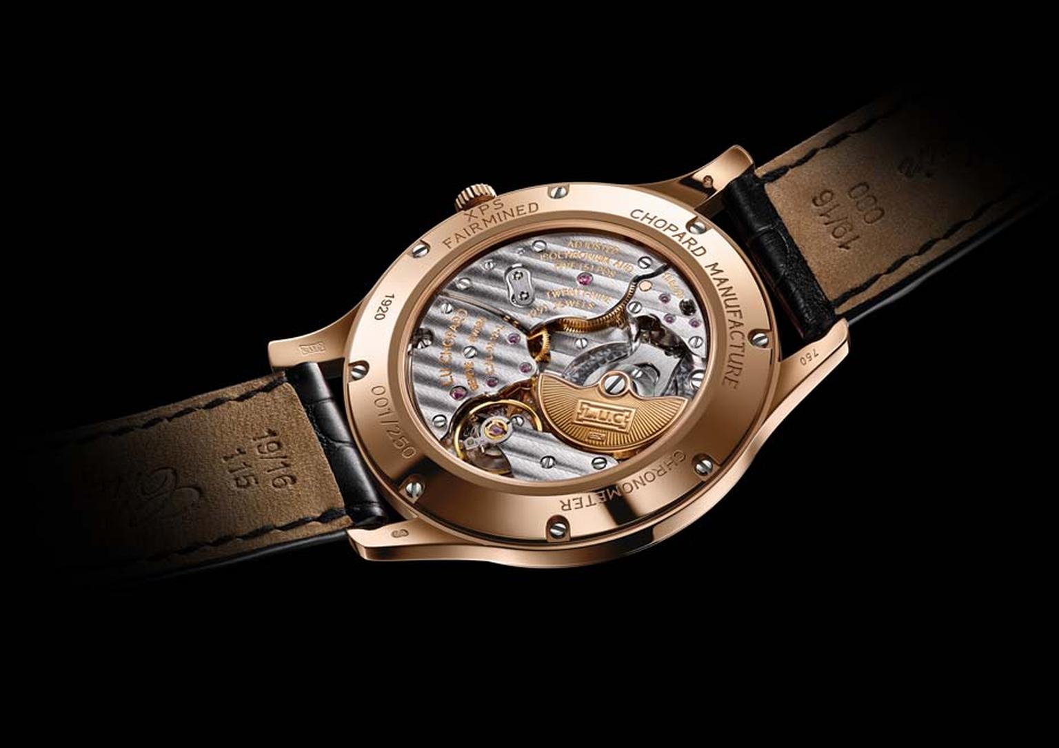 Chopard L.U.C XPS Fairmined watch is equipped with an in-house automatic movement visible through the exhibition caseback, which bears the Fairmined gold hallmark.