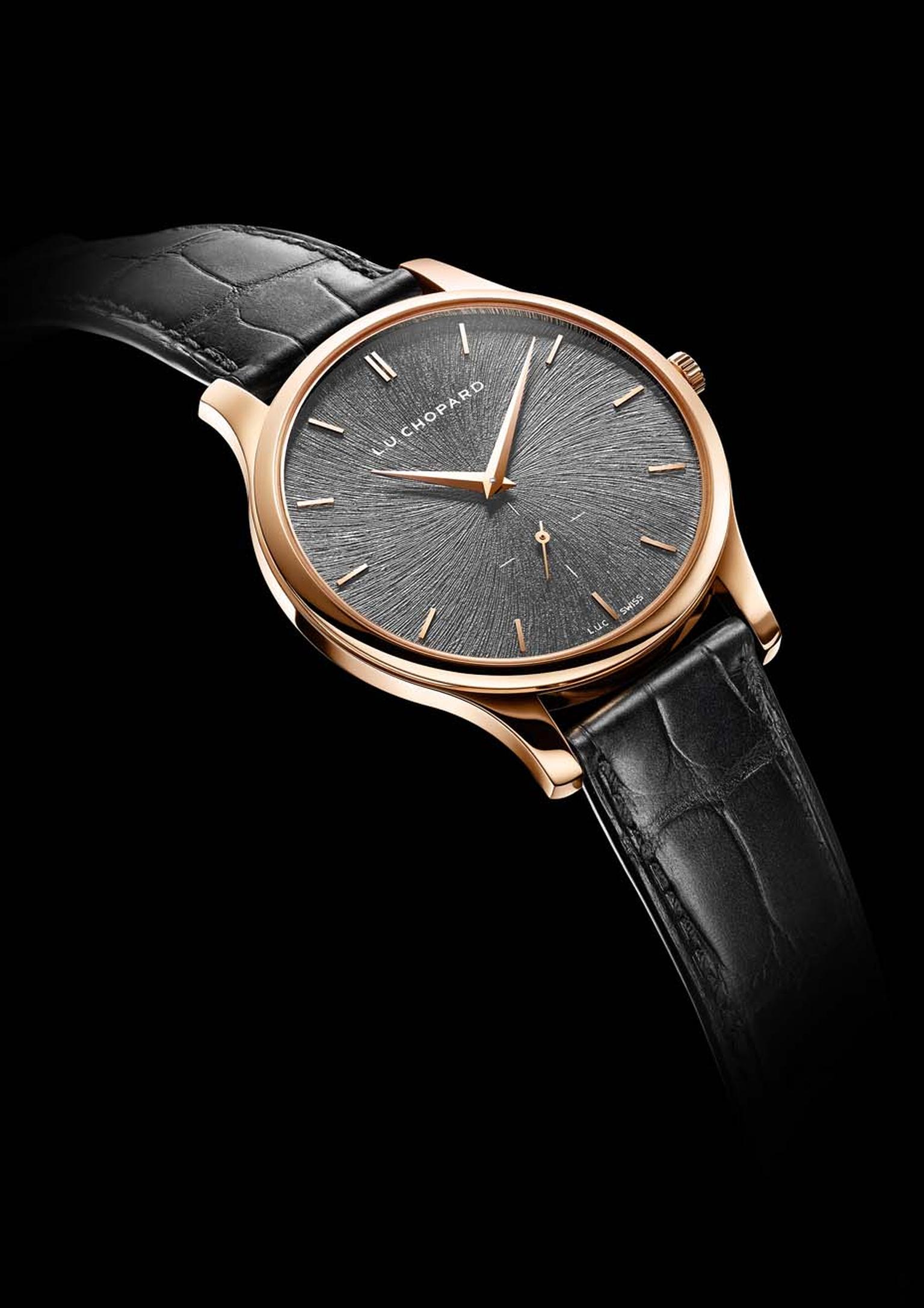 Chopard L.U.C XPS Fairmined gold watch for men is presented in a 39.50mm rose gold case with an elegant svelte profile of just 7.13mm, placing it in the ultra-thin category of dress watches.