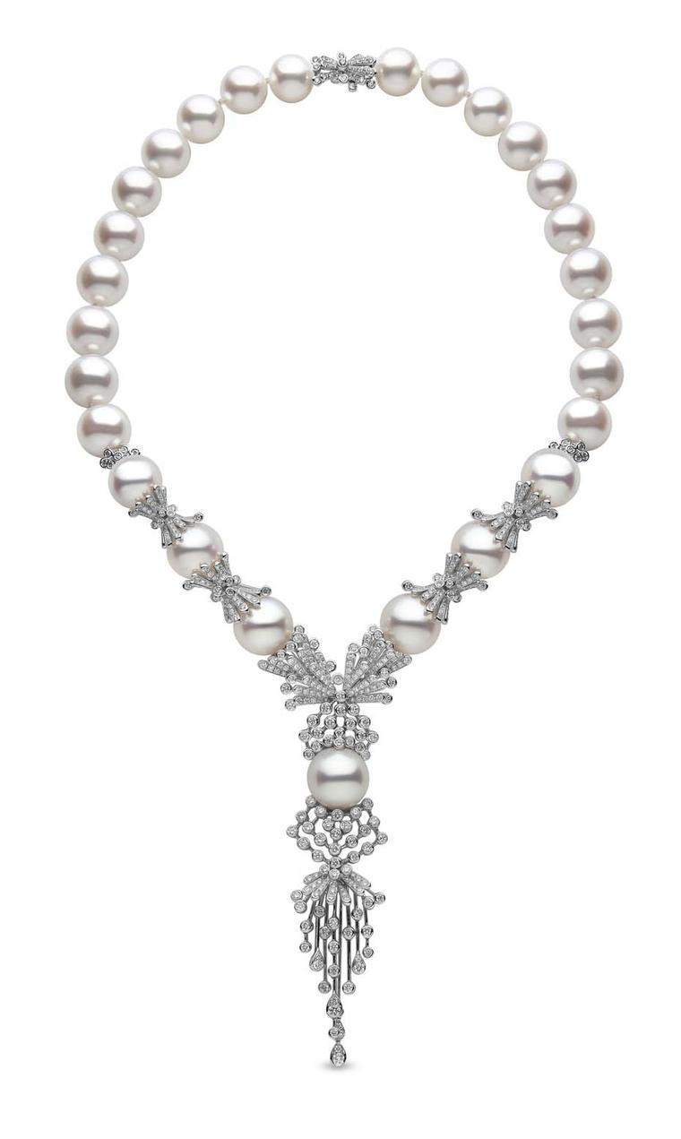 The YOKO London diamond and pearl necklace from the Mayfair collection worn by Natalia Vodianova this week at a gala dinner in London, set with 8.12ct diamonds and 12-15mm South Sea pearls.