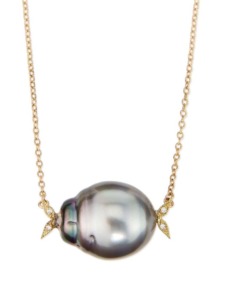 Mizuki pearl necklace in yellow gold, with a natural black Tahitian pearl and white diamond leaf detail ($1,830). Available from Bergdorf Goodman.
