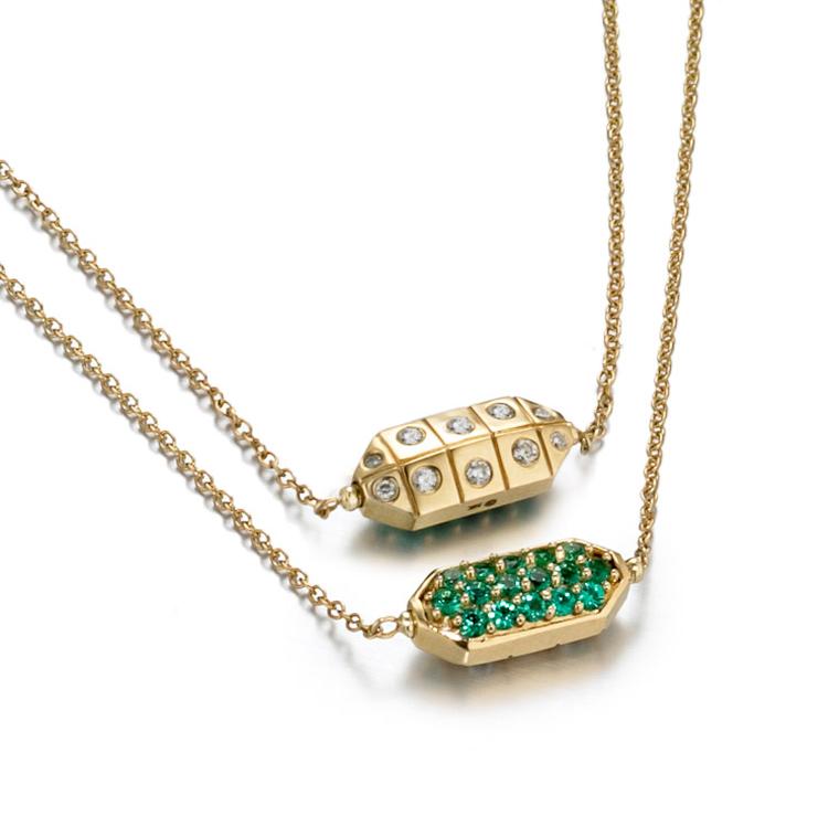 Zaiken pendant necklace, created in collaboration with Gemfields. Set in yellow gold, it is set with green emeralds on one side and white diamonds on the reverse ($1,950). Available from Stone & Strand.