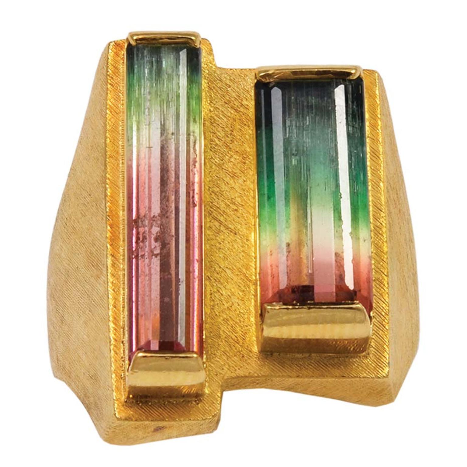 Bruno Guidi double step-cut watermelon tourmaline ring in brushed yellow gold. Available at 1sdibs.com.