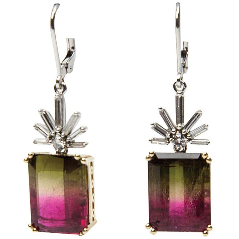 Coach House step-cut watermelon tourmaline earrings with diamond clusters in white and yellow gold. Bruno Guidi double step-cut watermelon tourmaline ring in brushed yellow gold. Available at 1sdibs.com.