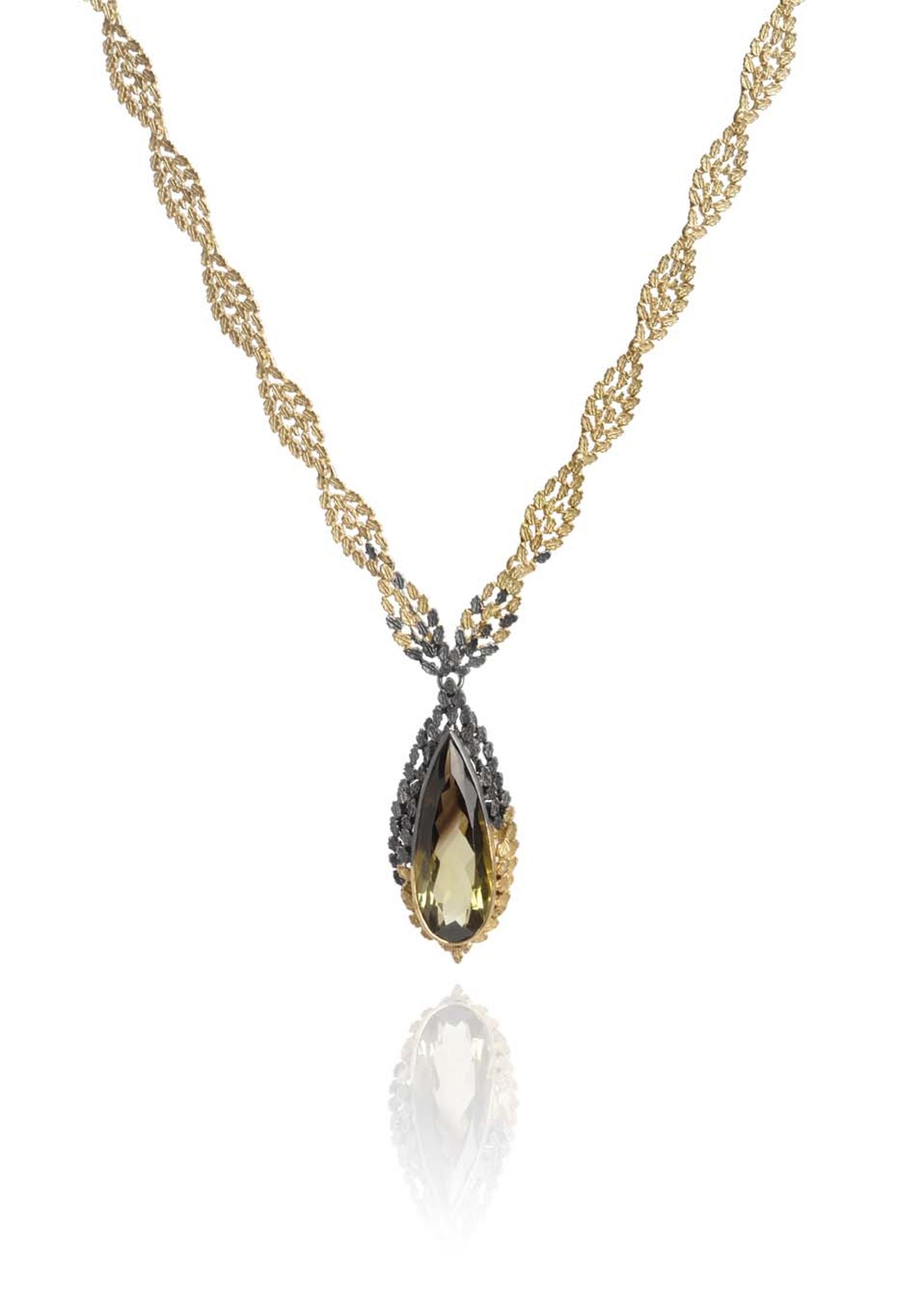 Beth Gilmour Dichroma bi-coloured quartz pendant in black rhodium and yellow gold.