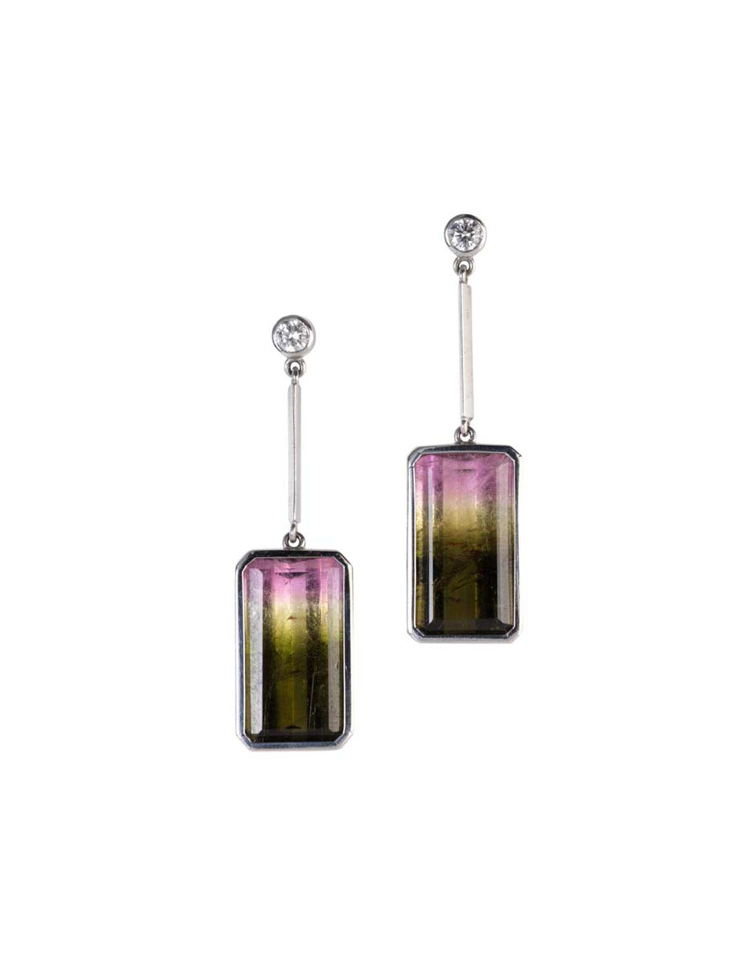 Holts octagon-cut tourmaline earrings in white gold with diamond accents.