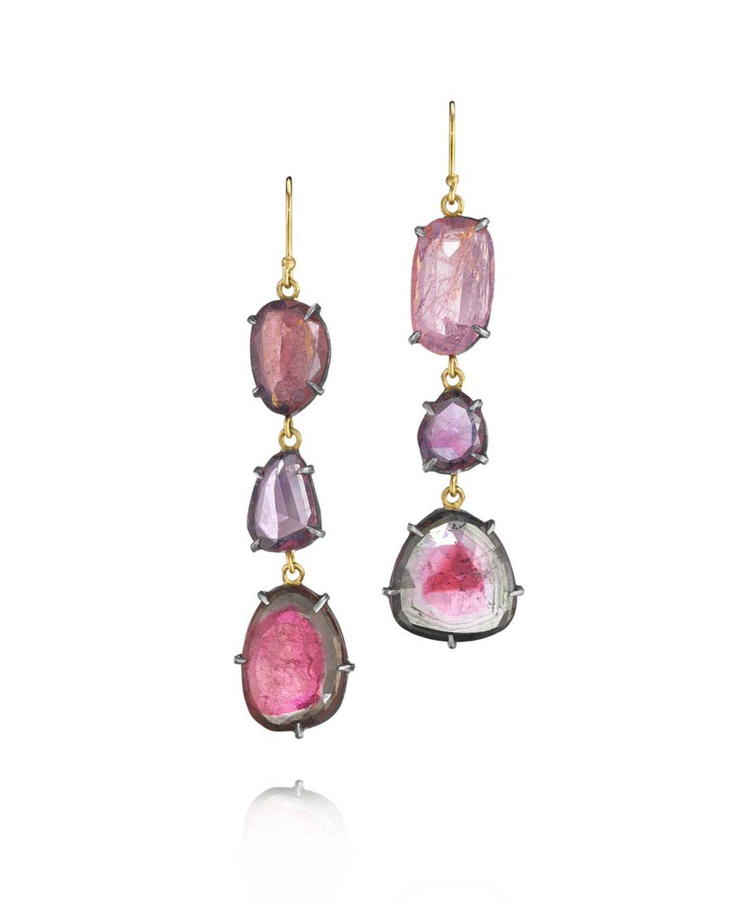 Margery Hirschey bi-colour tourmaline drop earrings in gold and silver.