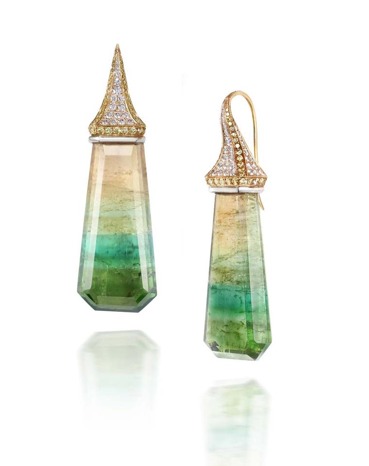 Rachael SARC one-of-a-kind, multi-colour tourmaline drops, suspended from yellow gold and platinum settings accented with pavé diamonds.