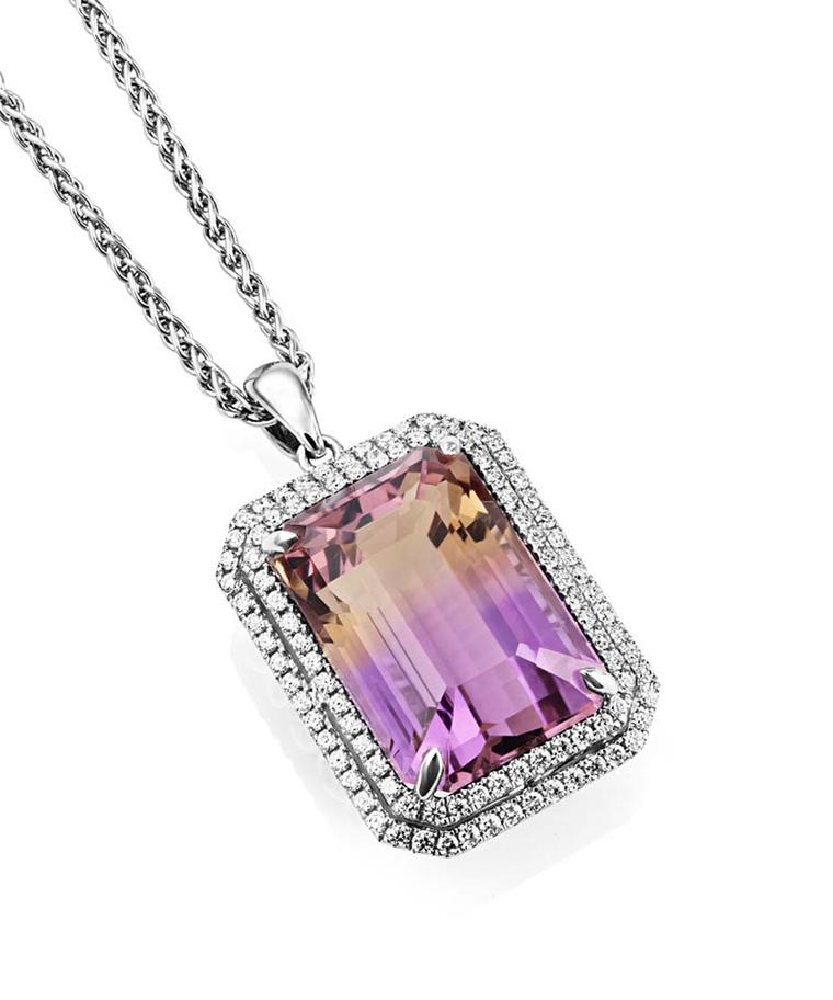 Sheldon Bloomfield ametrine and diamond pendant necklace in white gold.