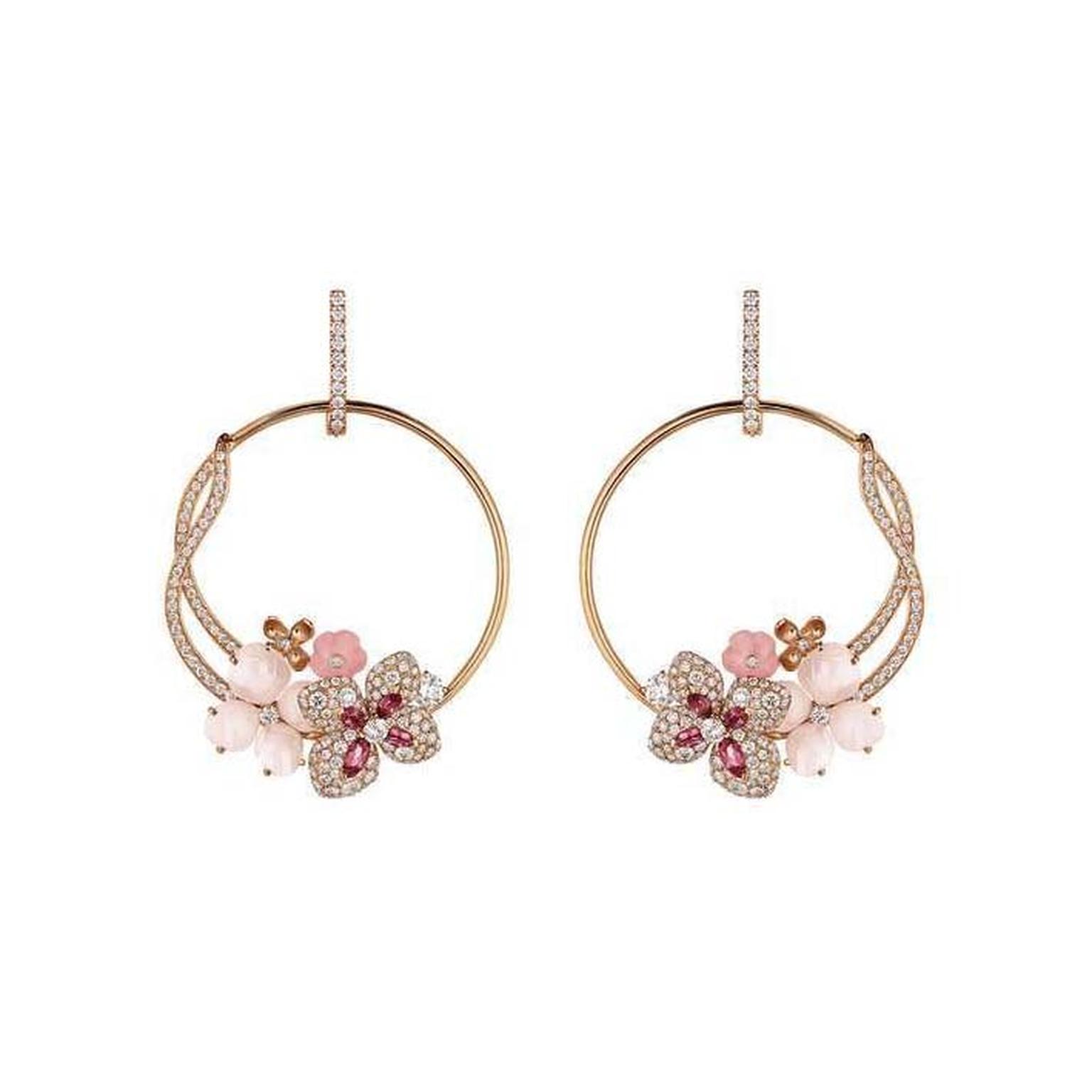 Chaumet Hortensia rose gold earrings set with angel-skin coral, pink opal, pink tourmalines and diamonds.