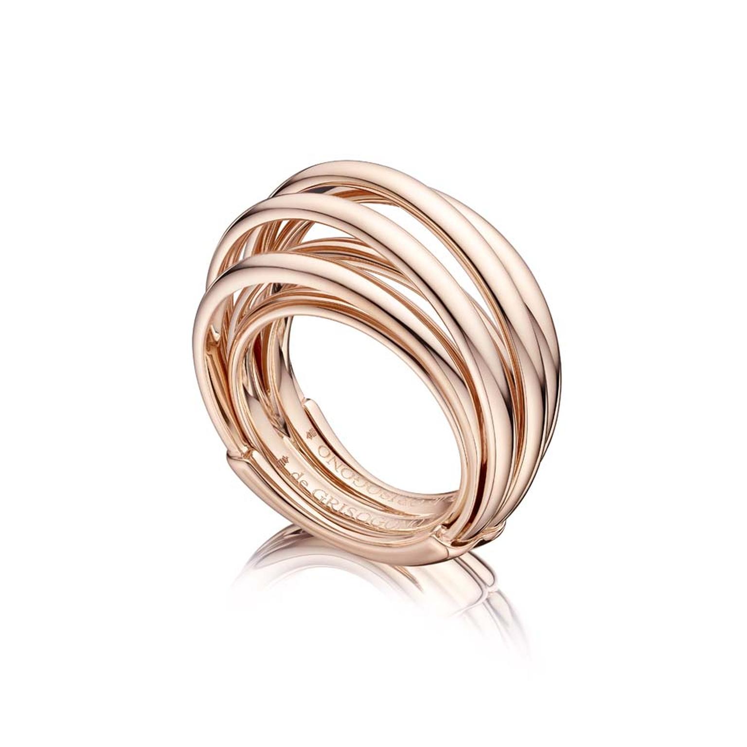 Rose gold de GRISOGONO ring with seven interlocking rings. It takes its cue from the number 7, which is said to embody good luck.