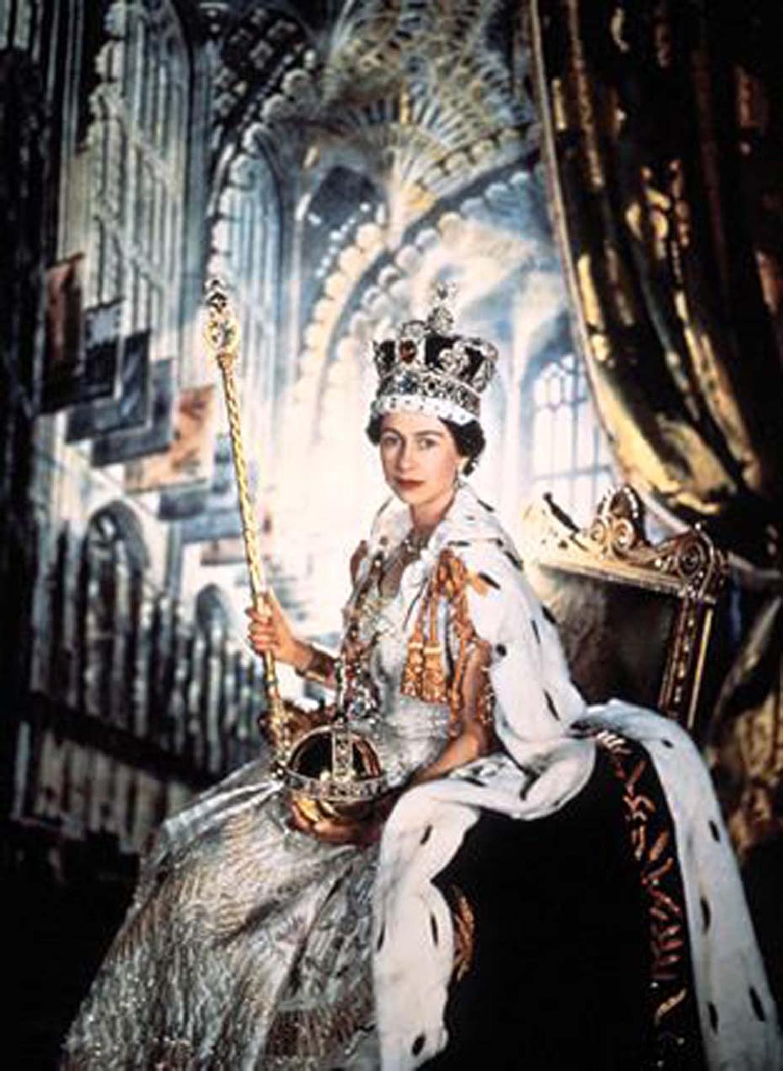 A portrait of Queen Elizabeth II at her Coronation wearing the Imperial State Crown and holding the Sceptre, both of which are set with diamonds cut from the famous Cullinan Diamond.