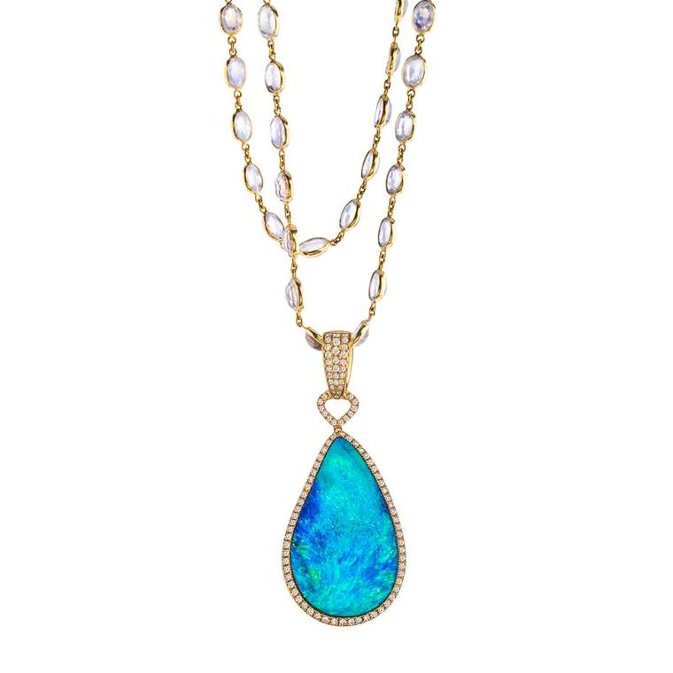 Katherine Jetter Azur opal pendant, set with a 40.10ct fancy Boulder opal in yellow gold with diamonds, suspended from a moonstone chain.
