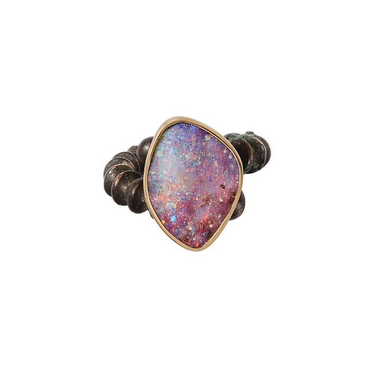 Katherine Jetter Han Dynasty opal ring in bronze and yellow gold, set with a unique Boulder opal.