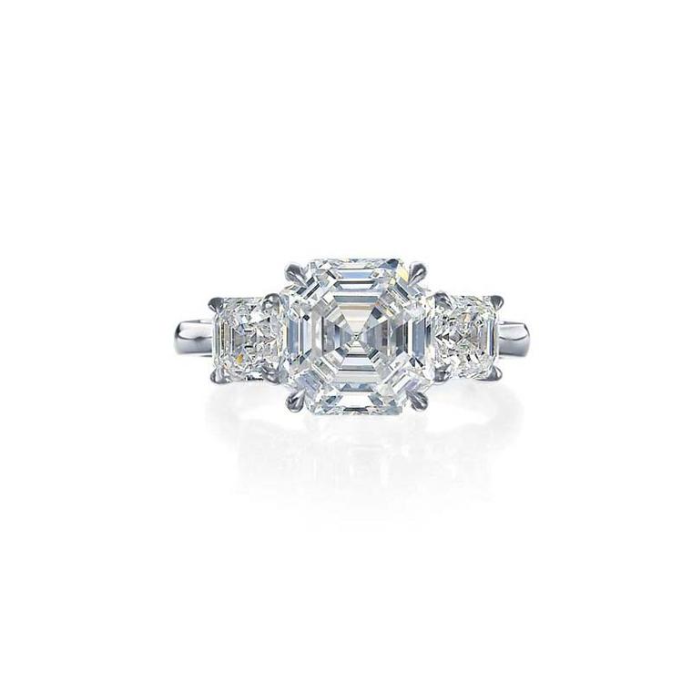 Royal Asscher cut diamond engagement ring in white gold.