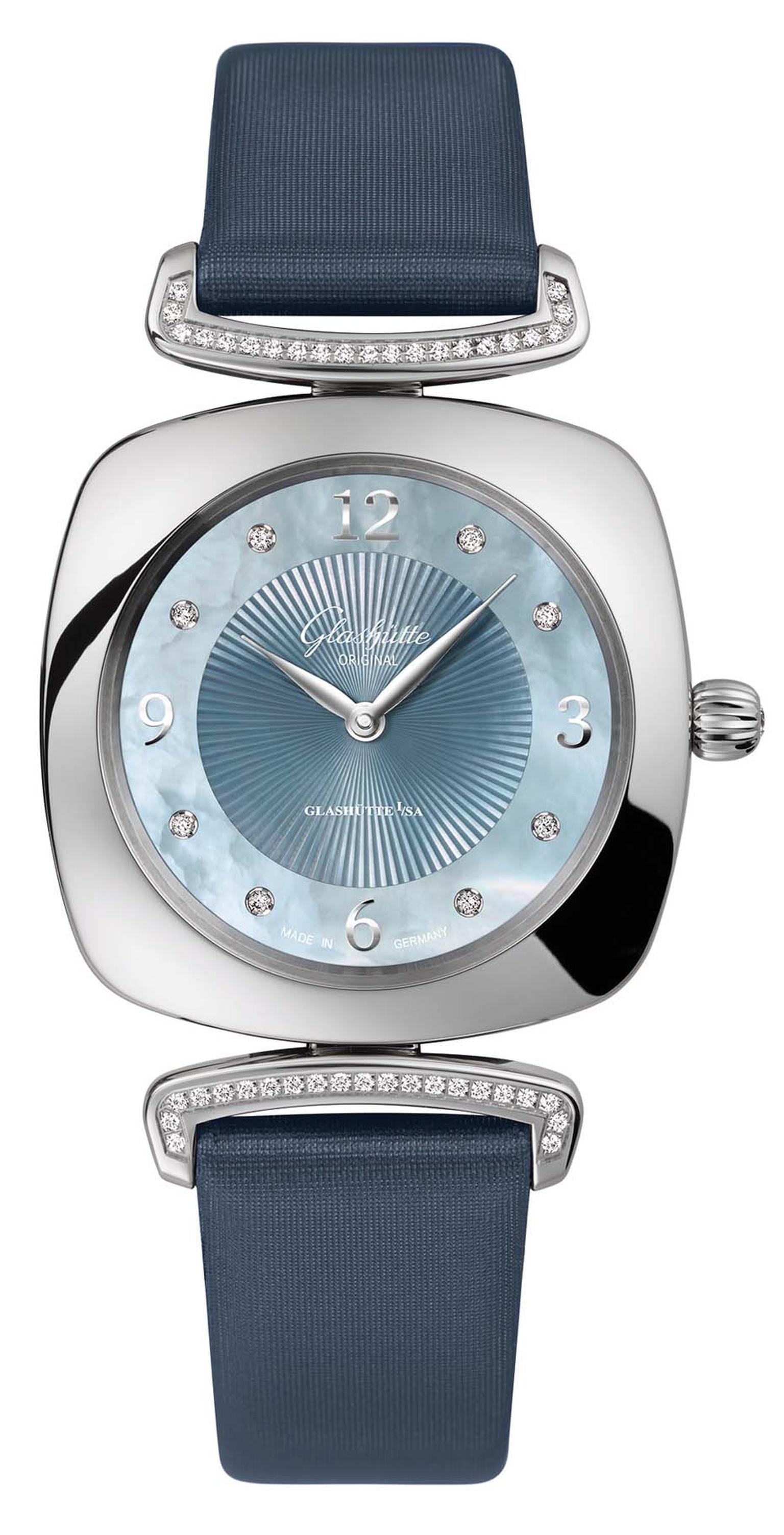 Glashütte Pavonina ladies' watch with a cushion-shaped 31 x 31mm stainless steel case is adorned with a lovely blue mother-of-pearl dial, diamond indices and diamond-set lugs.