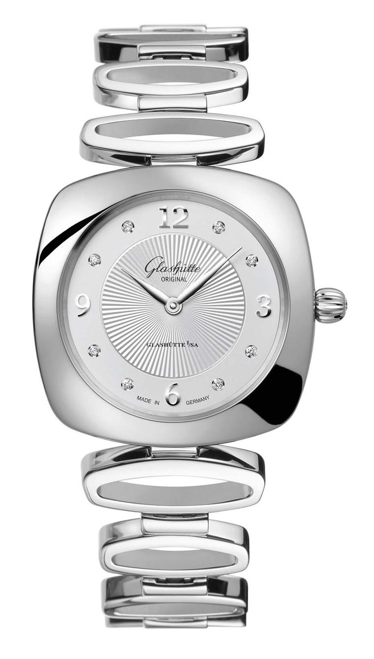 Glashütte Pavonina ladies' watch in stainless steel with a galvanized silver dial and eight diamonds on the dial. The open-linked steel bracelet has a nice 1970s groove but can be exchanged for a dressier satin strap.