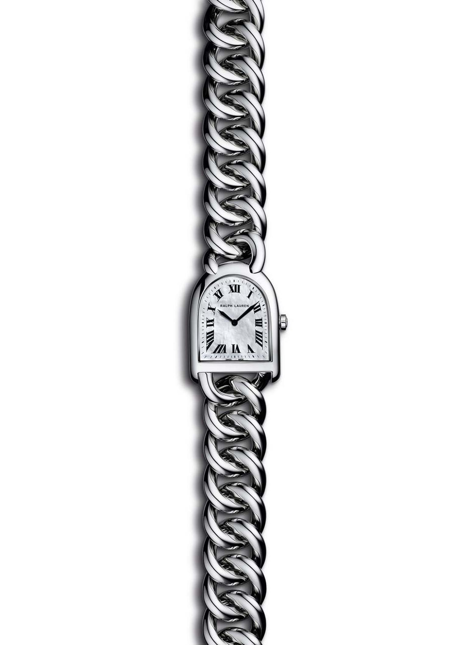 Ralph Lauren Stirrup Petite-Link watch is a contemporary classic and this model in stainless steel with a warm mother-of-pearl dial and diminutive dimensions -23.20 x 27 mm- makes an ideal mother's day present that will not be passé by next year.
