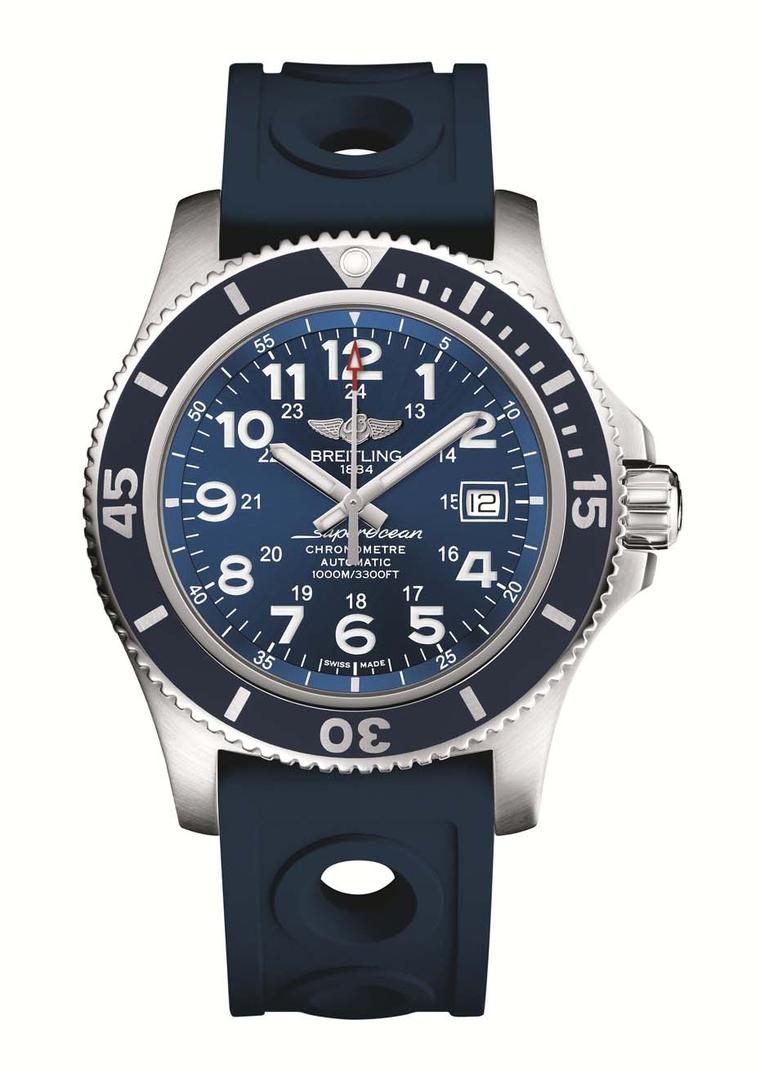 Breitling Superocean II is billed as a "superdiver model" designed to accompany professional and recreational divers to depths of up to 1,000m. The 44mm brushed steel case features a cool blue rubber-molded bezel, luminescent hands and numerals and a rubb