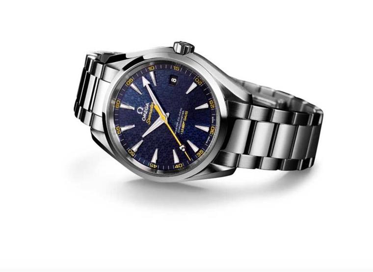 Ahead of the release of the new Spectre movie later this year, Omega watches has released the new Seamaster Aqua Terra 150M. Inspired by the Bond family coat of arms, which can be seen on the tip of the yellow central seconds hand, the blue textured dial 