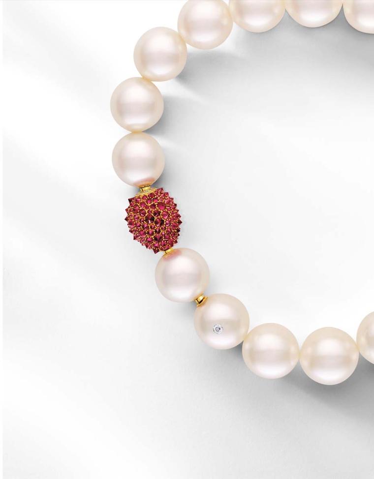 Paspaley Australian South Sea pearl strand and Touchstone clasp with rubies and white diamonds.
