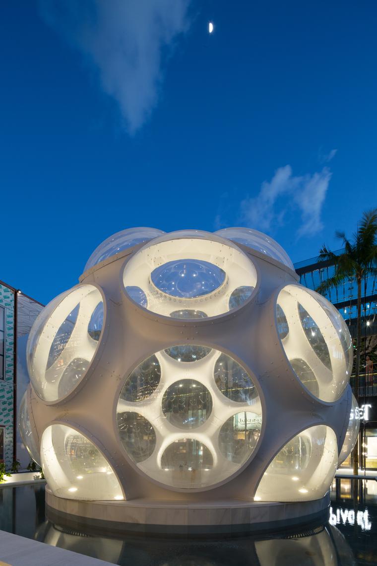 Almost 50 years after Buckminster Fuller designed the Fly's Eye Dome, Craig Robins, the man behind the reinvention of the Miami Design District, acquired a 24ft prototype and, in 2012, he had it installed as a centerpiece of the district's re-design.
