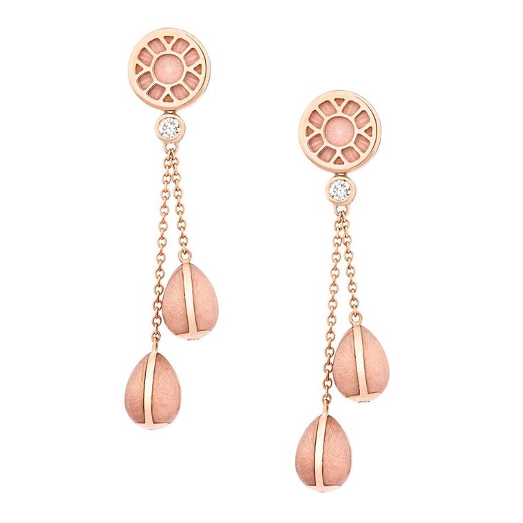 Fabergé draws inspiration from its original high jewelry masterpieces for its Heritage collection, which includes this pair of rose gold drop earrings, featuring a duo of Fabergé eggs on each earring.