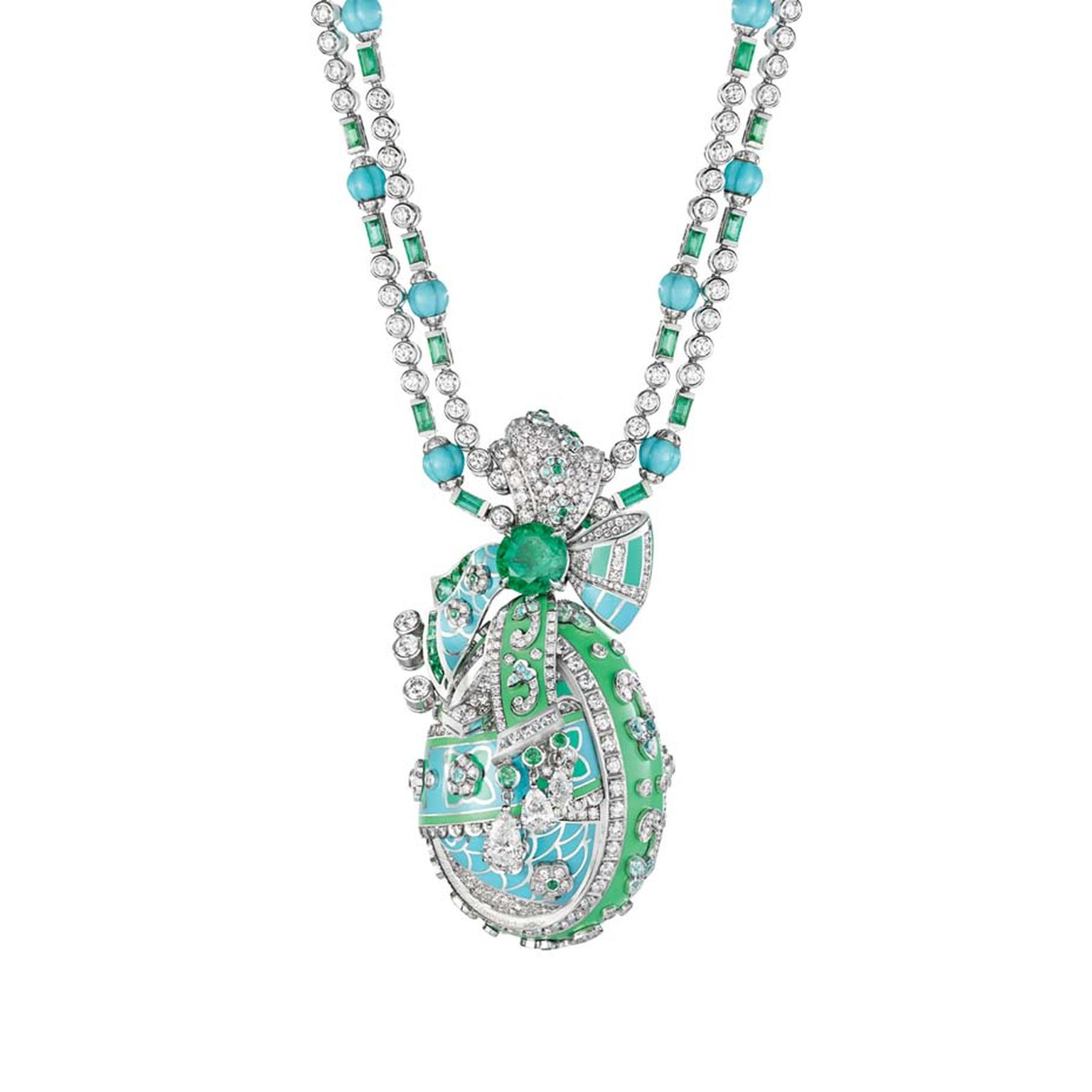 Fabergé necklace from the Summer in Provence high jewelry collection, set with emeralds, turquoise beads and diamonds, holding a detachable Fabergé egg embellished with floral motifs.