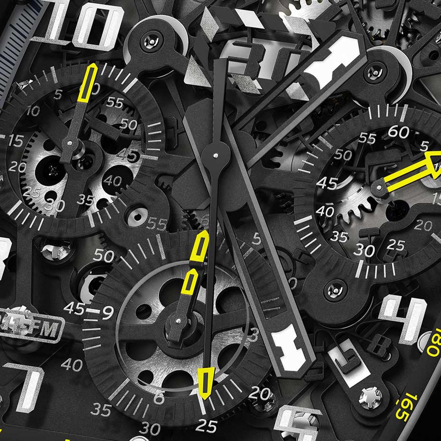 In keeping with the sleek, high-tech appeal of the new Richard Mille watches RM 011 Yellow Flash Automatic Flyback Chronograph, the skeletonised automatic movement has been blackened and features a rotor with variable geometry. A high-tech concoction of T