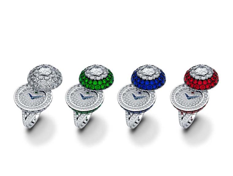 Graff's new Halo Secret Rings, with a choice or rubies, emeralds, sapphires or diamonds, allow the dome to swivel, revealing miniature secret watches.