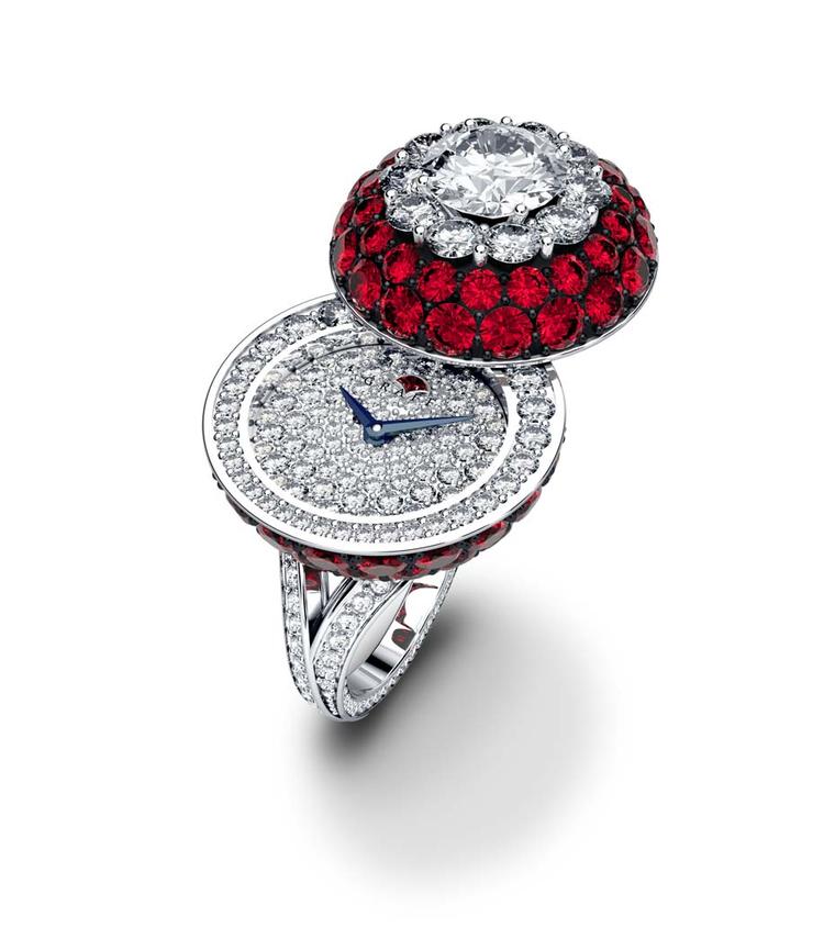 Graff Halo Secret Ring in white gold with rubies.