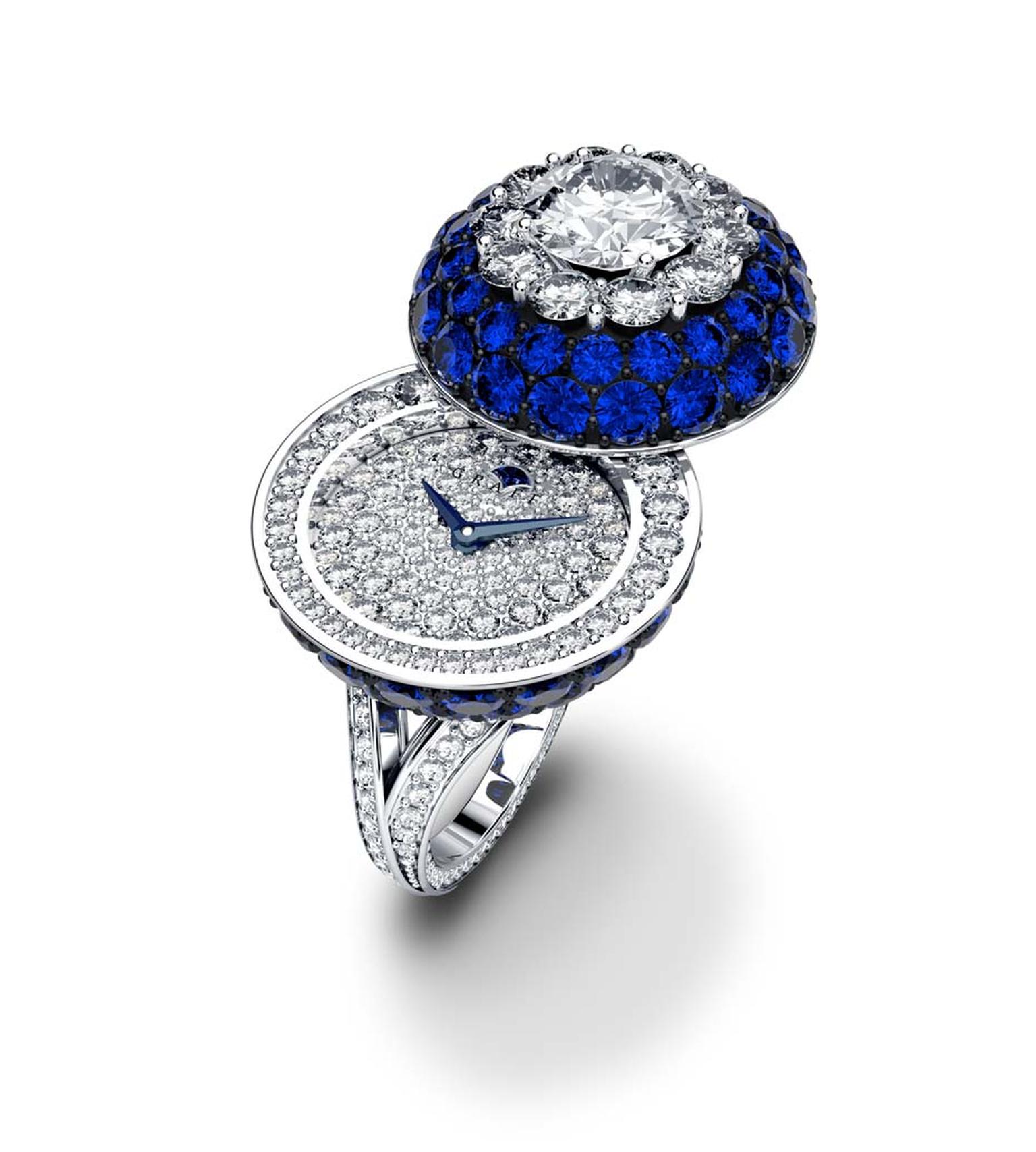 Graff Halo Secret Ring with sapphires and diamonds.