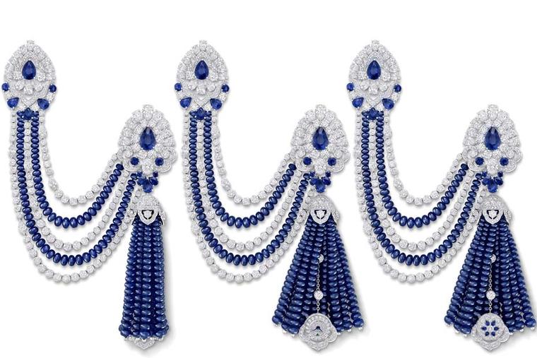 The diamond and sapphire beaded tassel secret watch from Graff is a transformable piece that can be worn in three ways: as a single piece; as individual brooches; or as a single tassel brooch. The secret watch is hidden in among the profusion of sapphire 