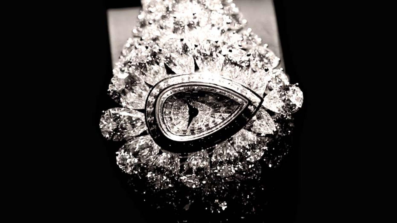 The transformable Graff Fascination watch, with its 152.96ct cluster of white diamonds, includes a rare 38.13 pear-shaped diamond (not shown here), which can be detached and placed in a special shank and worn as a ring. In yet another transformation, a di