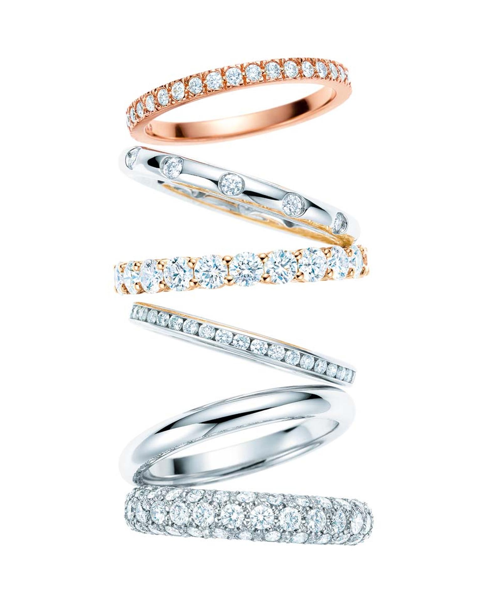 Tiffany & Co. has created timeless classics by creating many of its wedding bands in platinum, 18k yellow and rose gold, including the Novo, Bezet and Etoile.