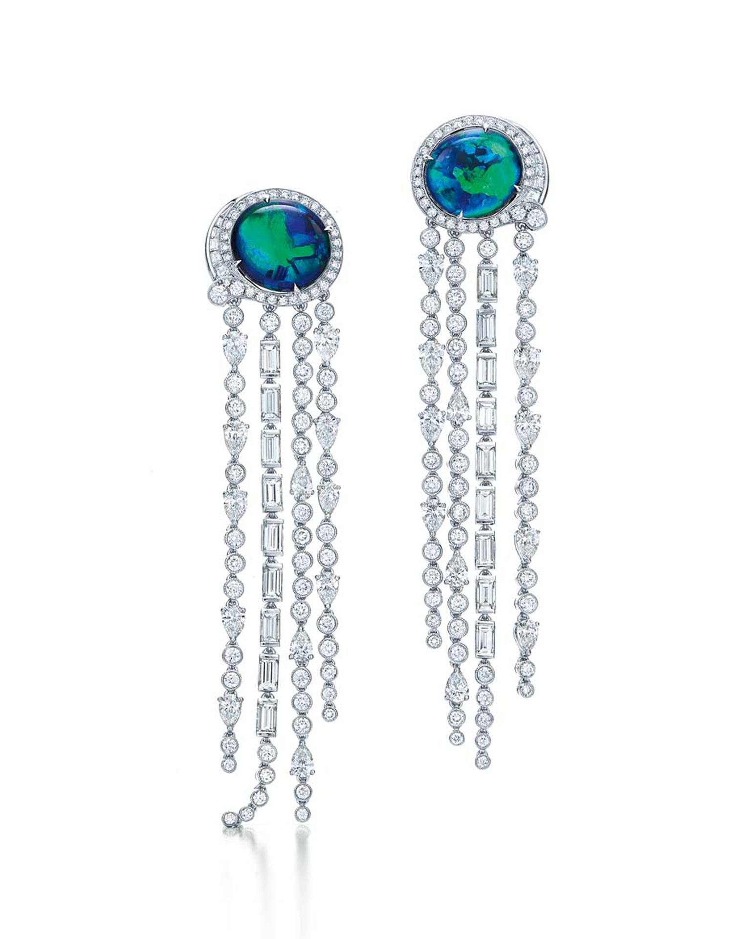 Tiffany earrings from the 2015 Blue Book collection set with 8.87ct black opals and mixed-cut diamonds in platinum.