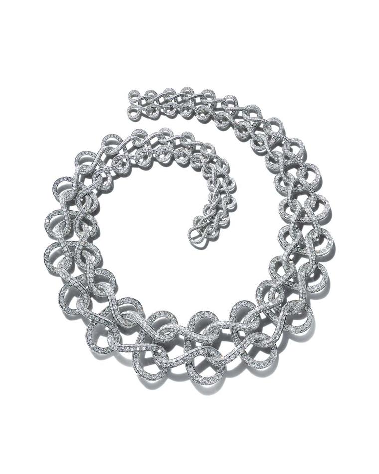 Tiffany necklace of diamonds and platinum in a wave pattern, inspired by an archival watch chain from the new 2015 Blue Book collection.